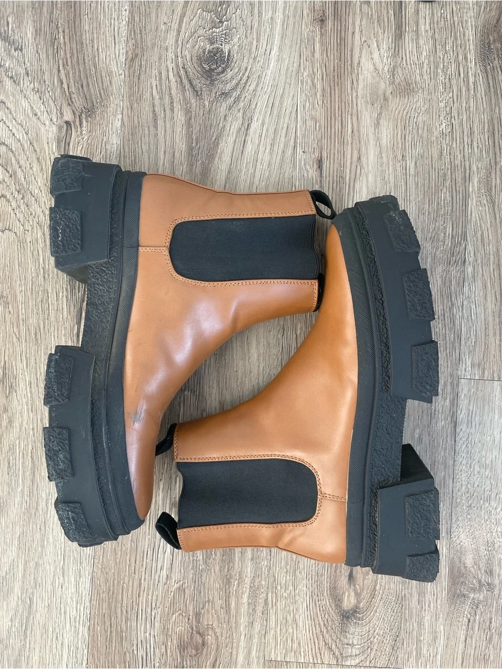 Women Size 8.5 ZARA Brown Faux Leather Ankle Chelsea Boots Platform Track Sole